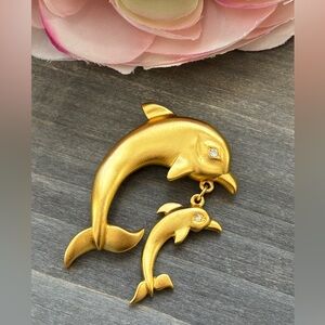 Gold Tone Vintage Mother Dolphin & Baby Dolphin Brooch